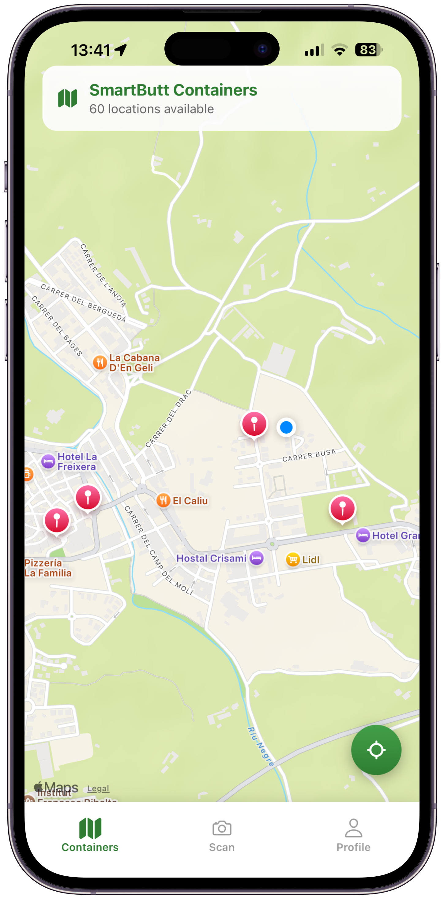 Interactive map showing nearby recycling containers