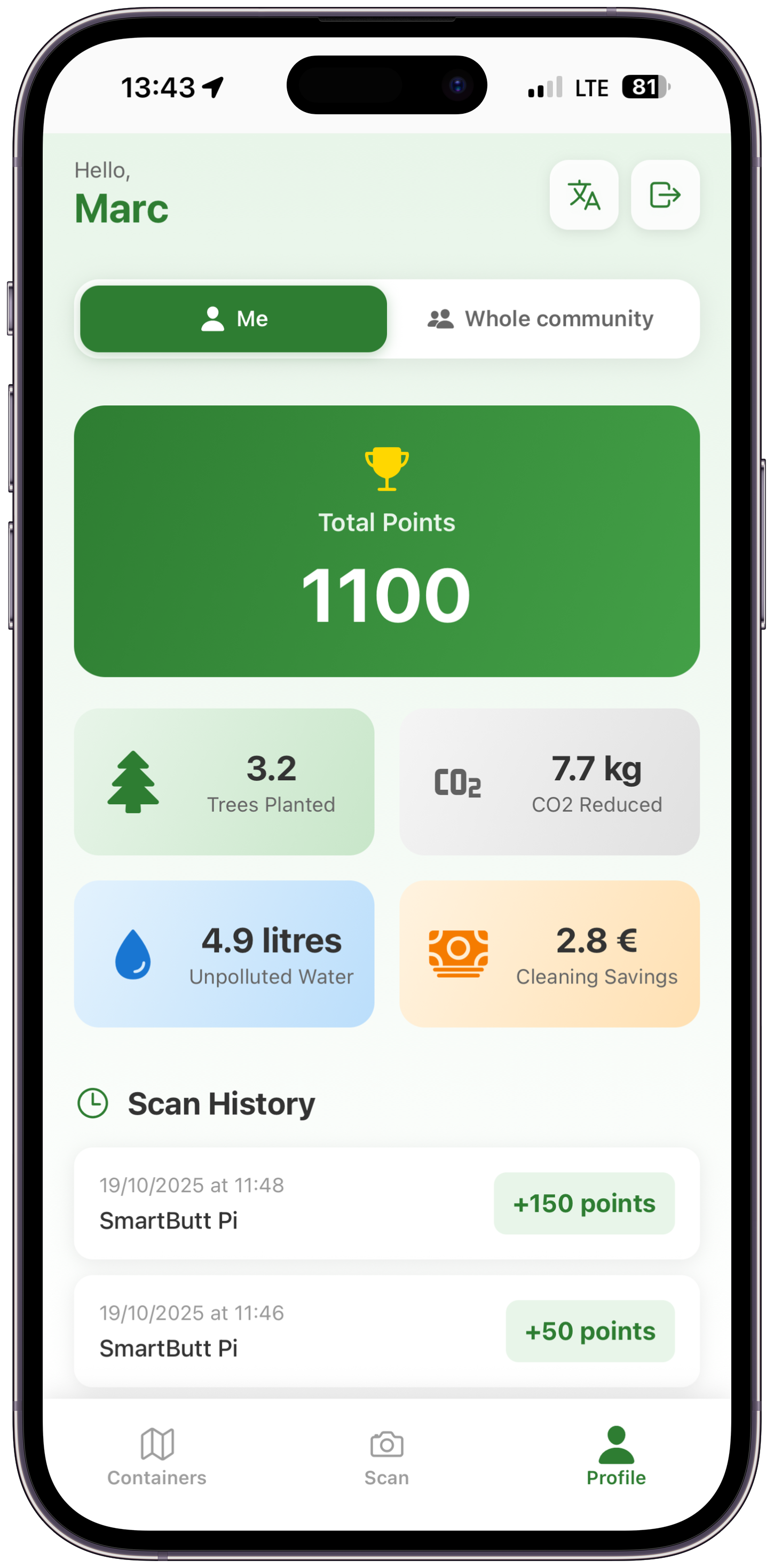 Rewards dashboard showing points and achievements
